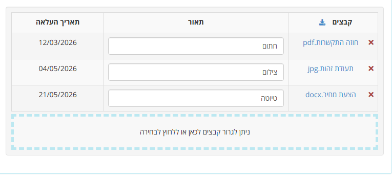אזור הקבצים בכרטיס הלקוח